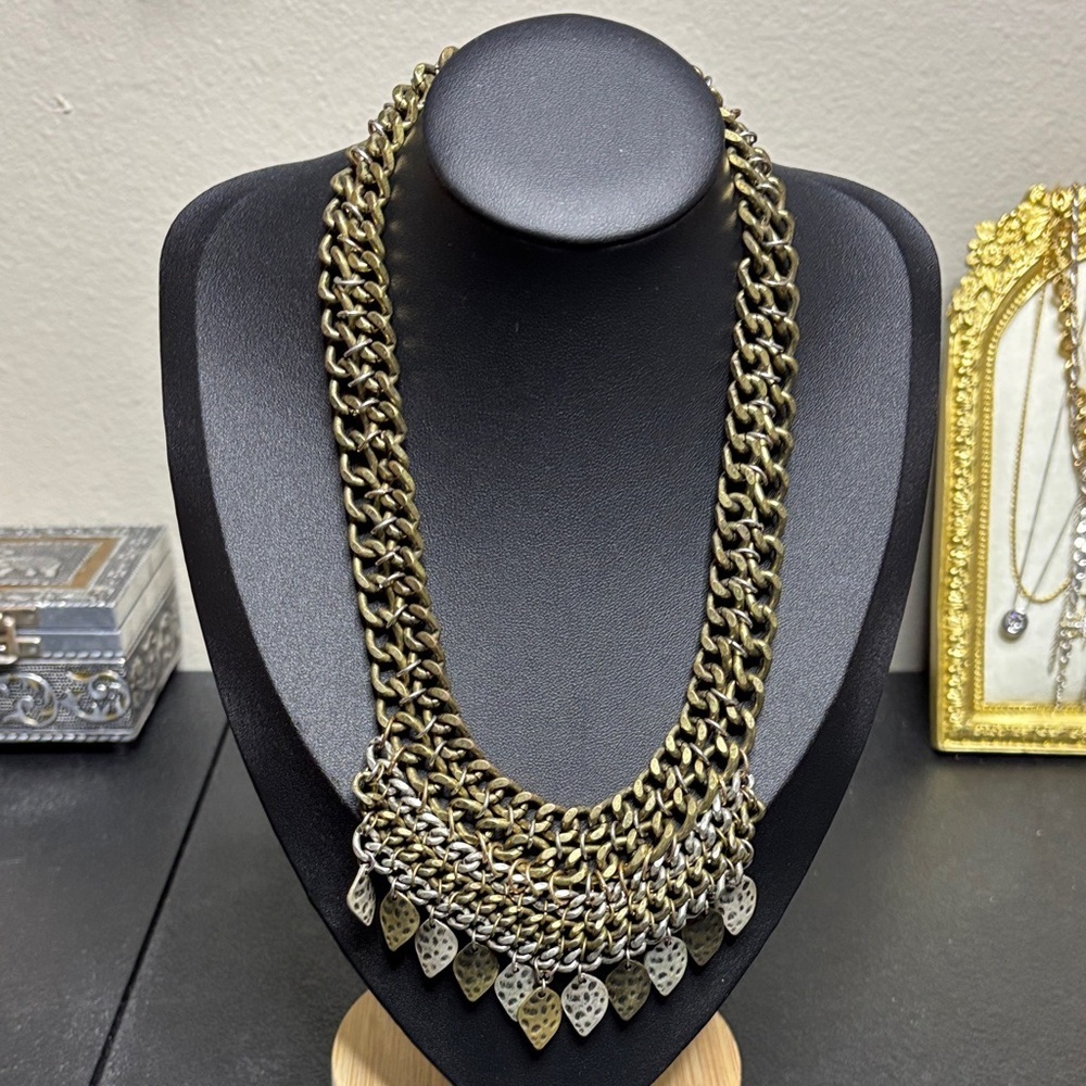 Two Tone Leaf Charm Chain Collar Necklace